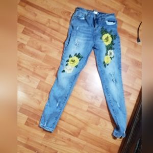 Floral Embroidered Skinny Jeans - Blue